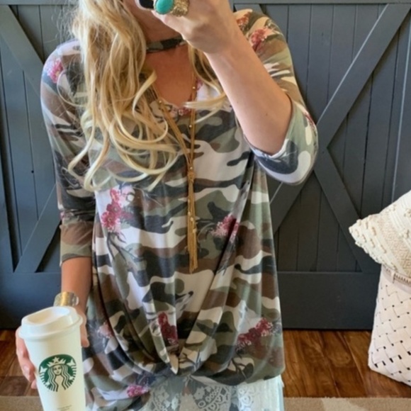 Figleaffashion Tops - New Camo Front Knot Tie Soft Knit Tunic Blouse